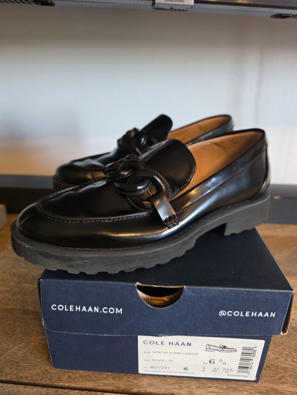 Cole Haan Womens Black Leather Geneva Chain Loafers